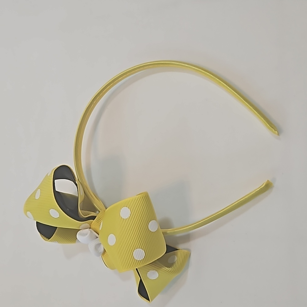 Hand Crafted Handmade Bow Hairband Yellow white polka-dot black contrast ribbon - Picture 16 of 17